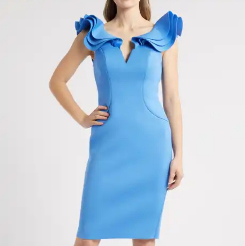 NWT Eliza J Women's Ruffle-sleeve V Neck Sheath‎ Knee Length Dress Size 8 Blue
